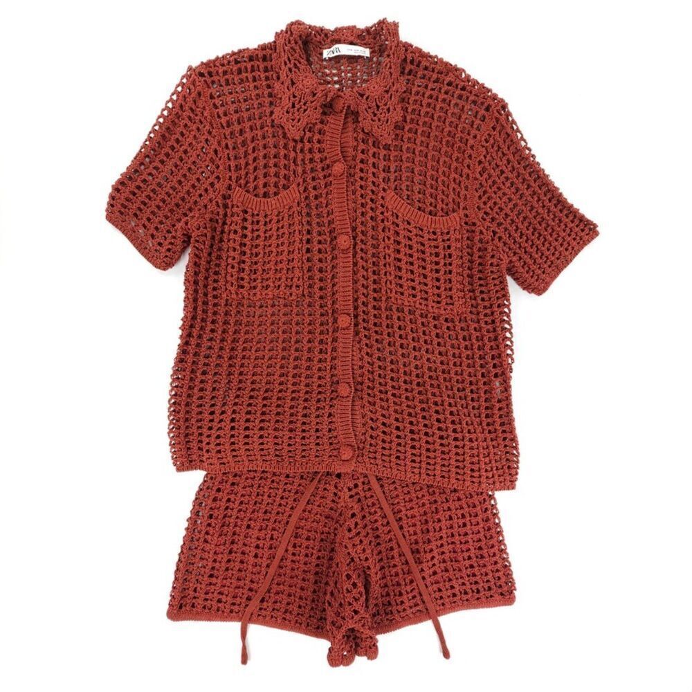 Zara Rust Crochet Short-Sleeve Cardigan & Matching Shorts Set